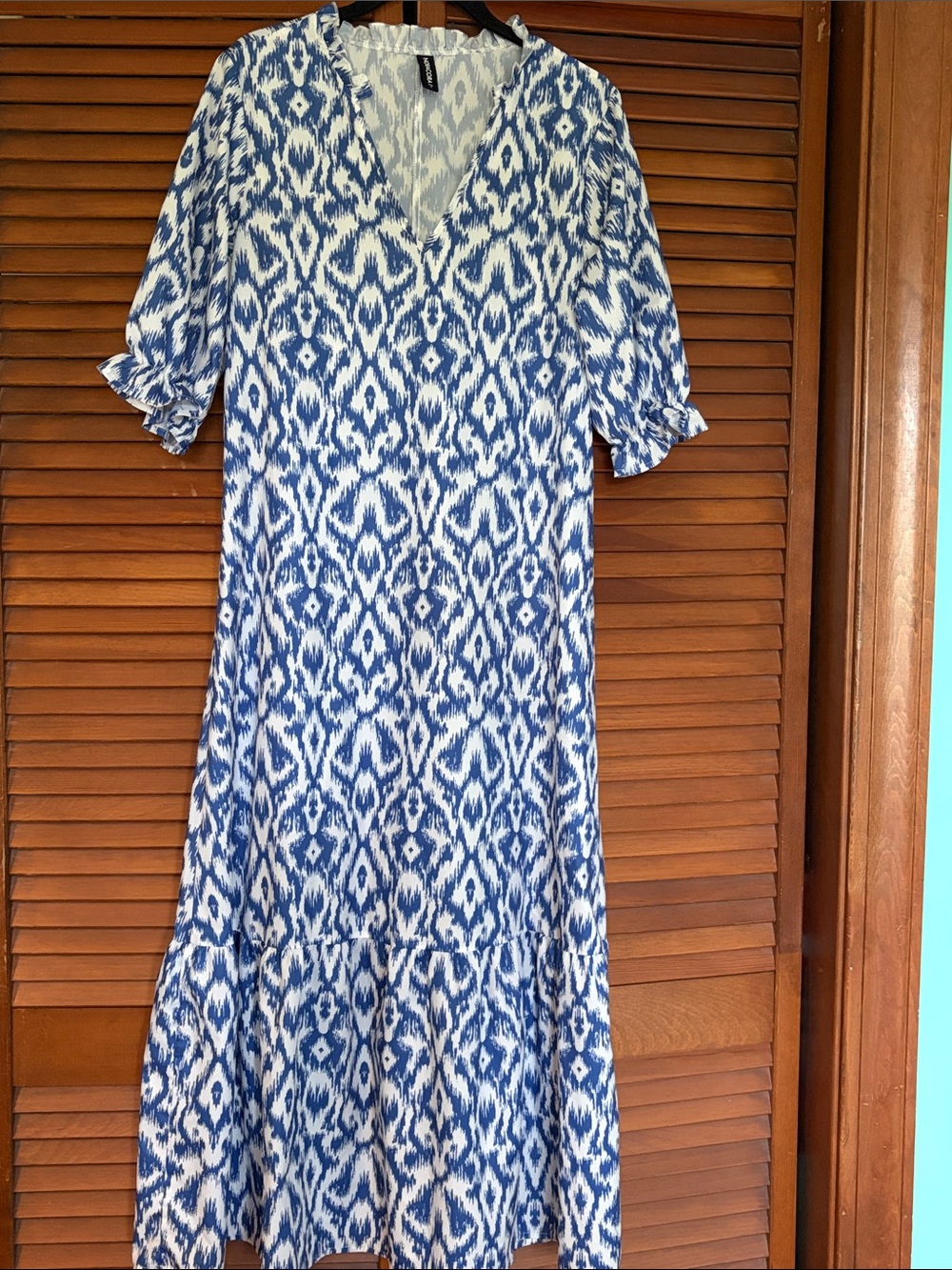 Blue Ikat Maxi Dress with V-Neck